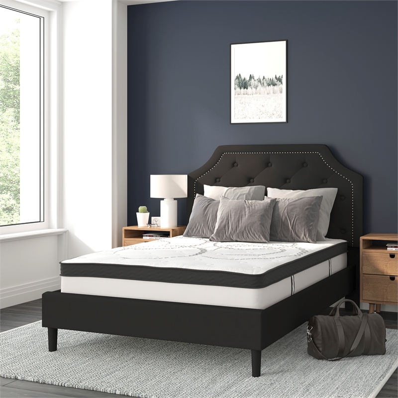 Full Tufted Platform Bed in Black Fabric with 10 Inch Pocket Spring Mattress