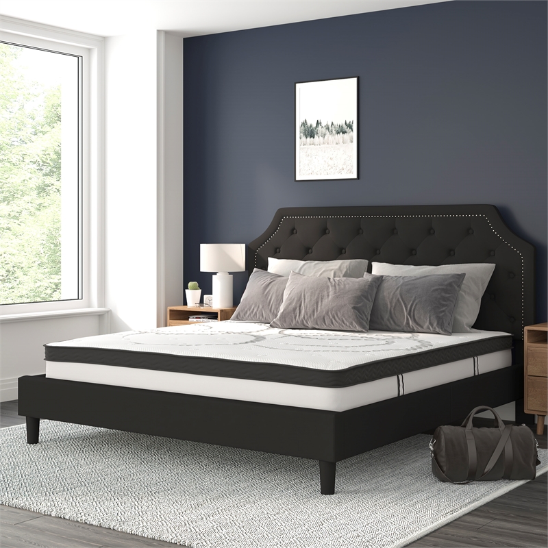 King Tufted Platform Bed in Black Fabric with 10 Inch Pocket Spring Mattress