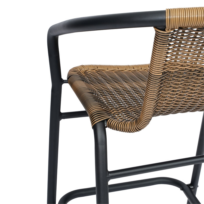 Commercial Indoor-Outdoor Rattan Restaurant Barstool Black Frame-Medium Brown