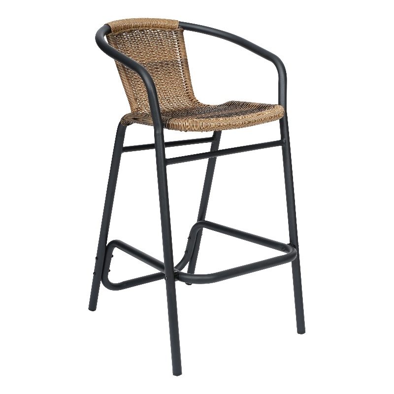 Commercial Indoor-Outdoor Rattan Restaurant Barstool Black Frame-Medium Brown
