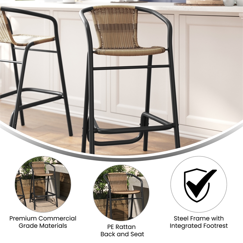 Commercial Indoor-Outdoor Rattan Restaurant Barstool Black Frame-Medium Brown