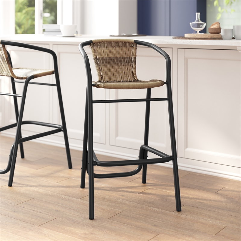 Commercial Indoor-Outdoor Rattan Restaurant Barstool Black Frame-Medium Brown