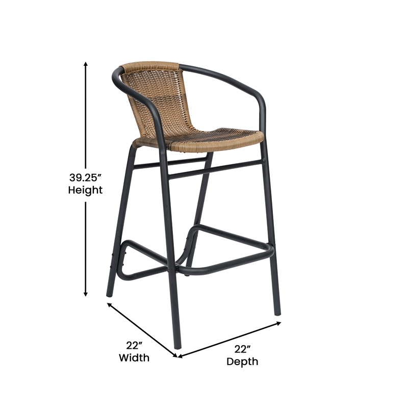Commercial Indoor-Outdoor Rattan Restaurant Barstool Black Frame-Medium Brown