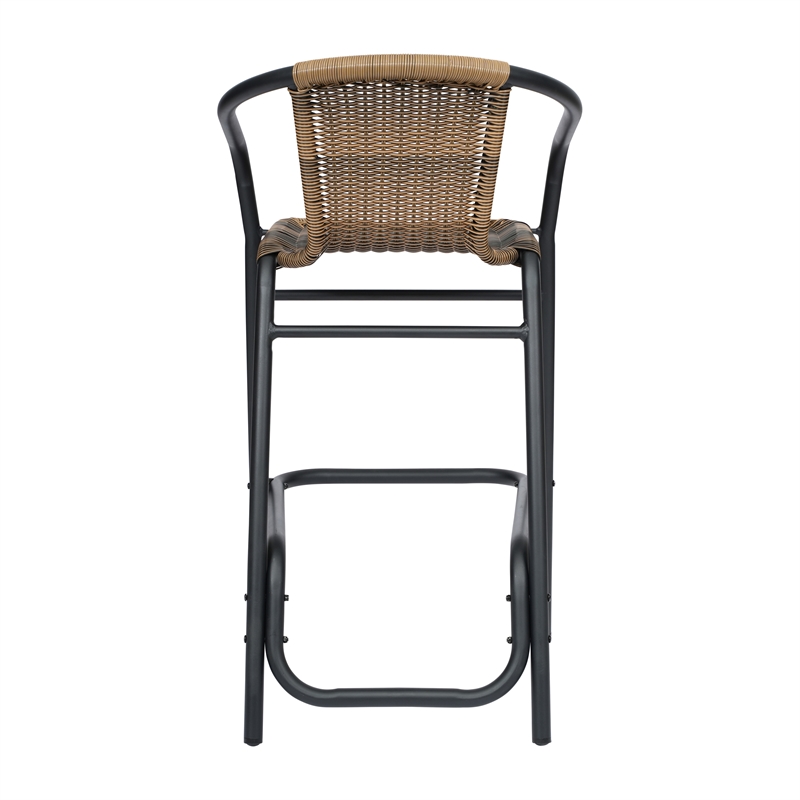 Commercial Indoor-Outdoor Rattan Restaurant Barstool Black Frame-Medium Brown