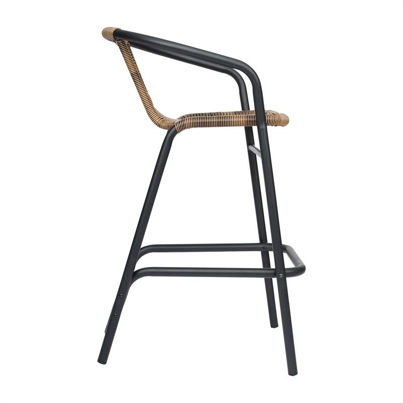 Commercial Indoor-Outdoor Rattan Restaurant Barstool Black Frame-Medium Brown
