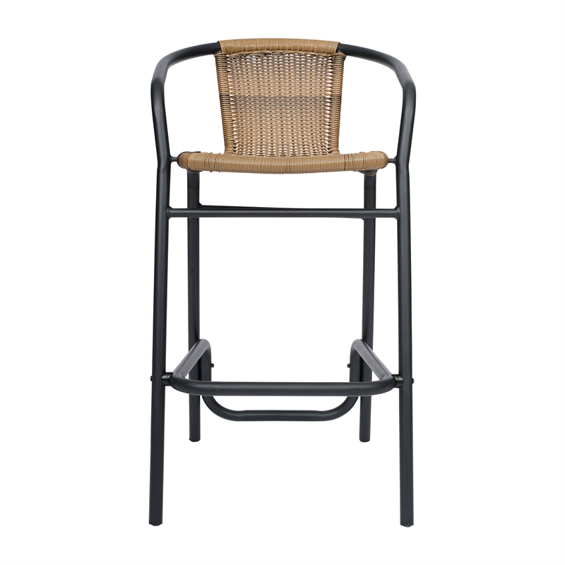 Commercial Indoor-Outdoor Rattan Restaurant Barstool Black Frame-Medium Brown