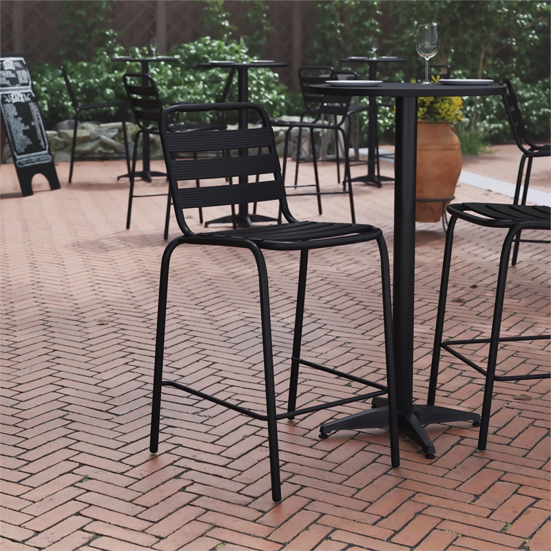 Commercial Black Indoor-Outdoor Restaurant Stacking Stool with Triple Slat Back