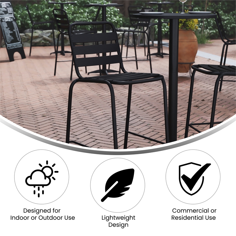 Commercial Black Indoor-Outdoor Restaurant Stacking Stool with Triple Slat Back