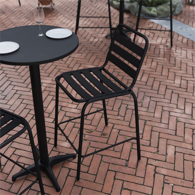 Commercial Black Indoor-Outdoor Restaurant Stacking Stool with Triple Slat Back