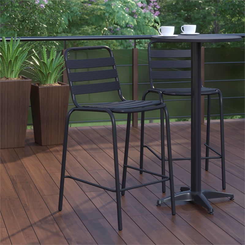Commercial Black Indoor-Outdoor Restaurant Stacking Stool with Triple Slat Back