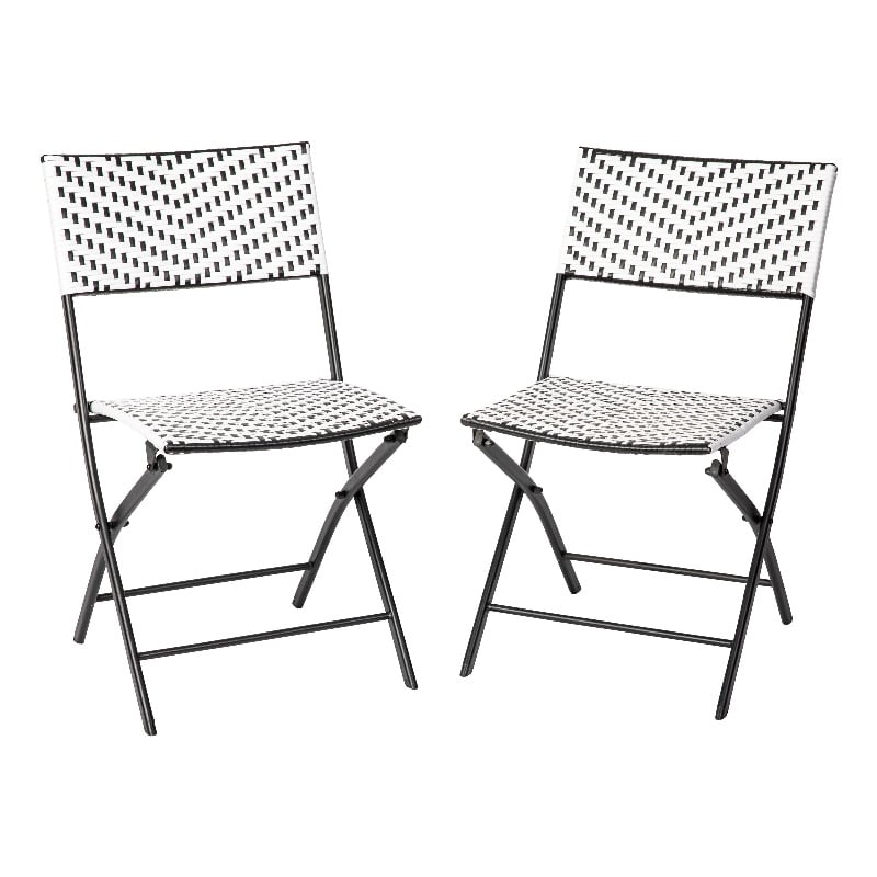 2PC Black and White Indoor/Outdoor PE Rattan Folding Bistro Chairs