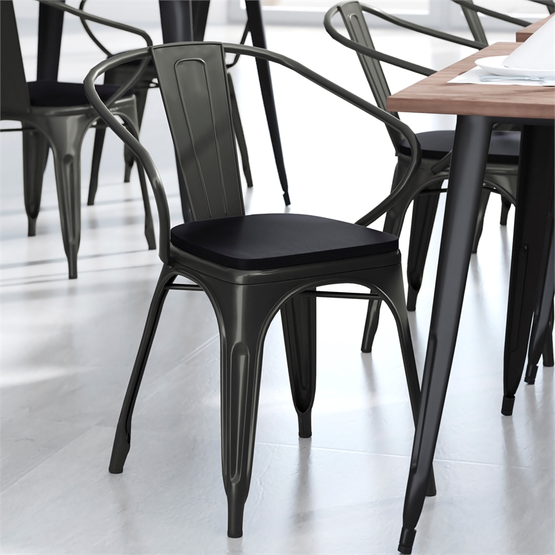 All-Weather Metal Stack Chair with Arms and Poly Resin Seat - Black/Black