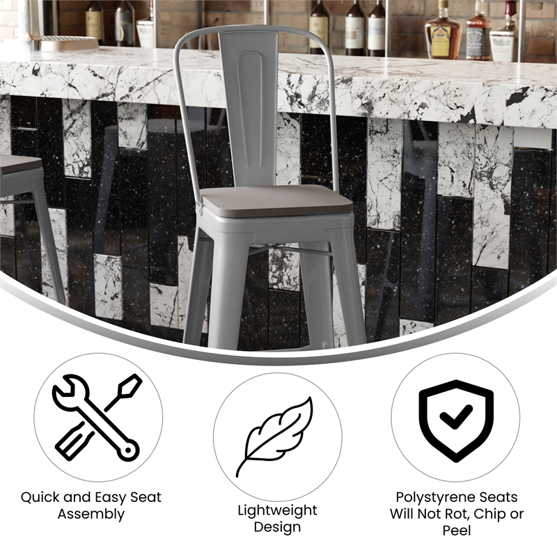 All-Weather Commercial Bar Stool with Removable Back/Poly Seat-Silver/Gray