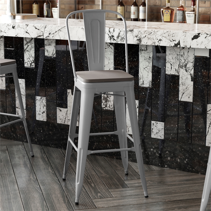 All-Weather Commercial Bar Stool with Removable Back/Poly Seat-Silver/Gray