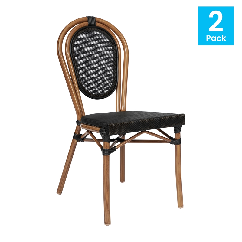 2 Pack All-Weather Commercial Paris Chairs with Natural Metal Frames-Black