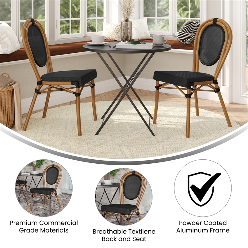 2 Pack All-Weather Commercial Paris Chairs with Natural Metal Frames-Black