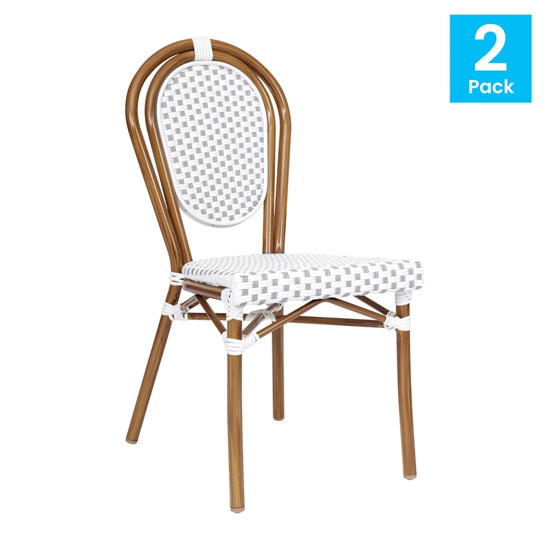 2 PK All-Weather Commercial Paris Chair with Bamboo Print Metal Frame-White/Gray