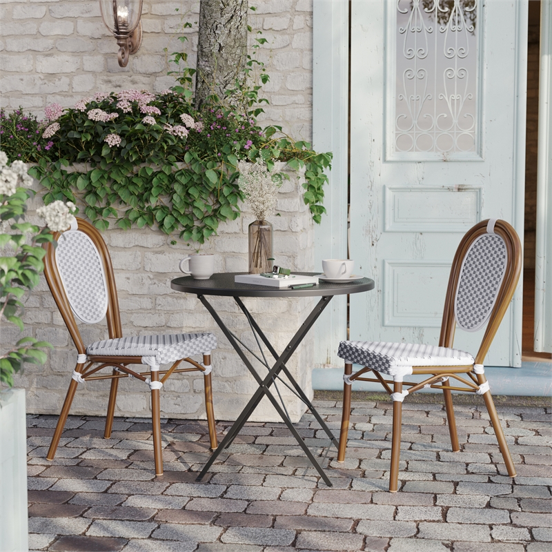 2 PK All-Weather Commercial Paris Chair with Bamboo Print Metal Frame-White/Gray