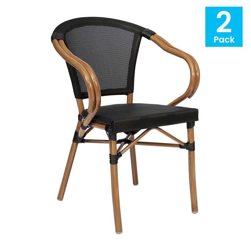 2 PK All-Weather Commercial Paris Chairs with Arms and Natural Metal Frame-Black