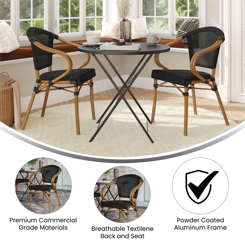 2 PK All-Weather Commercial Paris Chairs with Arms and Natural Metal Frame-Black