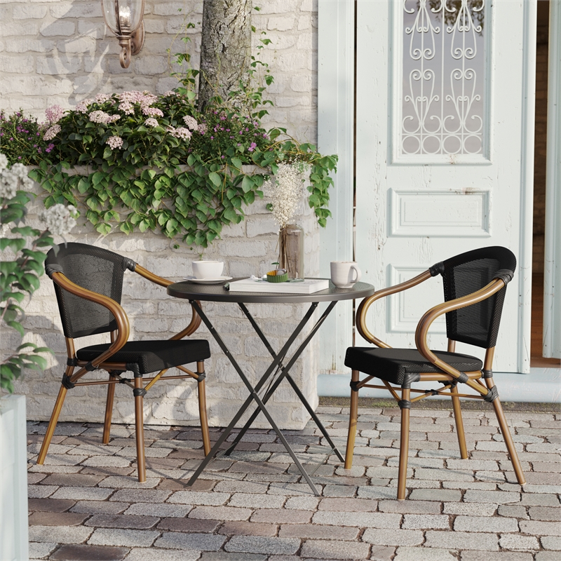 2 PK All-Weather Commercial Paris Chairs with Arms and Natural Metal Frame-Black