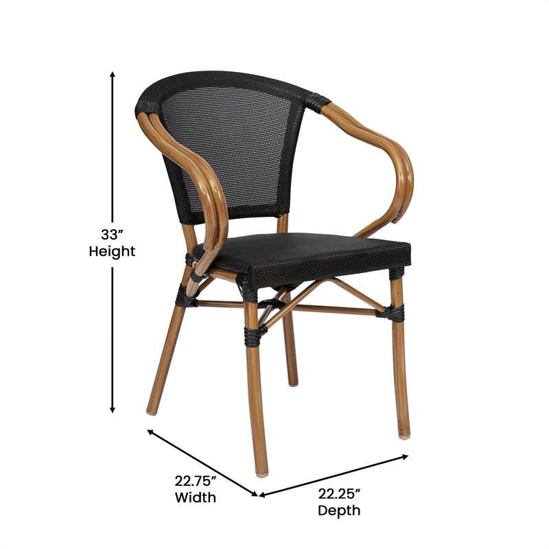 2 PK All-Weather Commercial Paris Chairs with Arms and Natural Metal Frame-Black