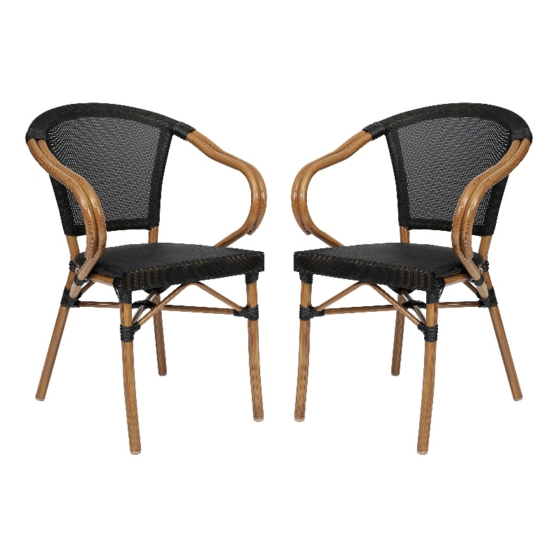 2 PK All-Weather Commercial Paris Chairs with Arms and Natural Metal Frame-Black