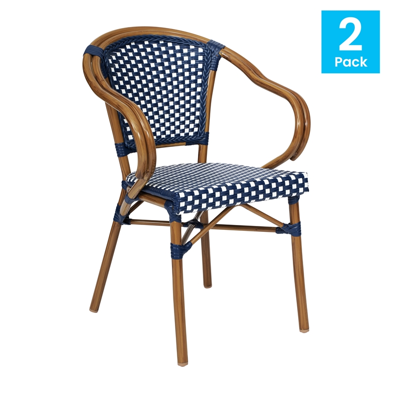 2 PK All-Weather Commercial Paris Chairs with Bamboo Print Metal Frames-Navy/Wht