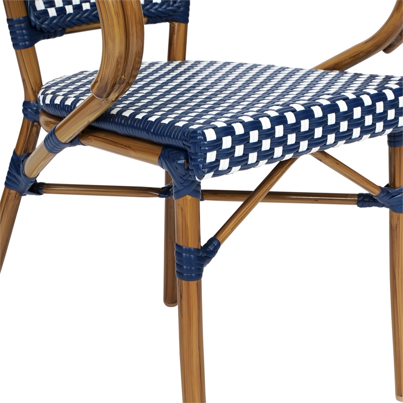 2 PK All-Weather Commercial Paris Chairs with Bamboo Print Metal Frames-Navy/Wht