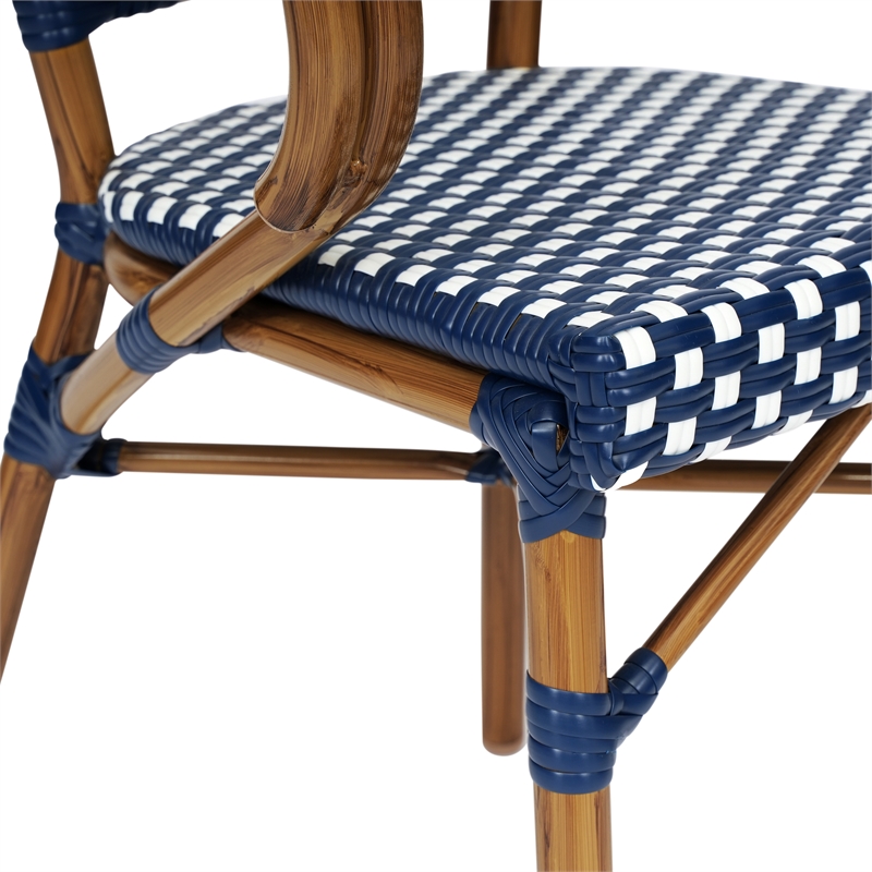 2 PK All-Weather Commercial Paris Chairs with Bamboo Print Metal Frames-Navy/Wht
