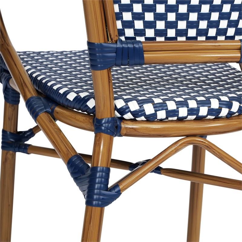 2 PK All-Weather Commercial Paris Chairs with Bamboo Print Metal Frames-Navy/Wht