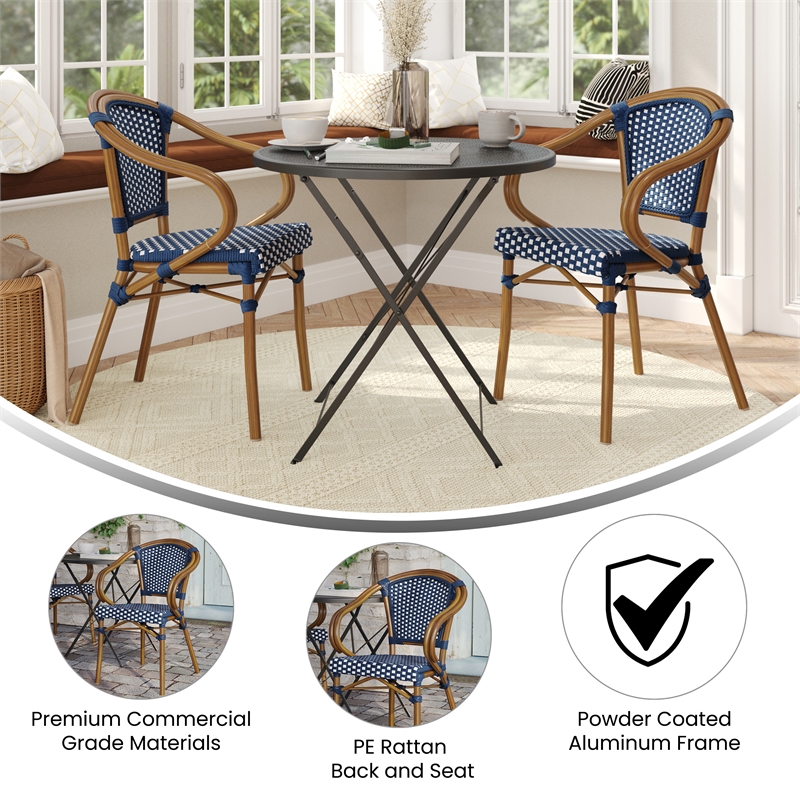 2 PK All-Weather Commercial Paris Chairs with Bamboo Print Metal Frames-Navy/Wht