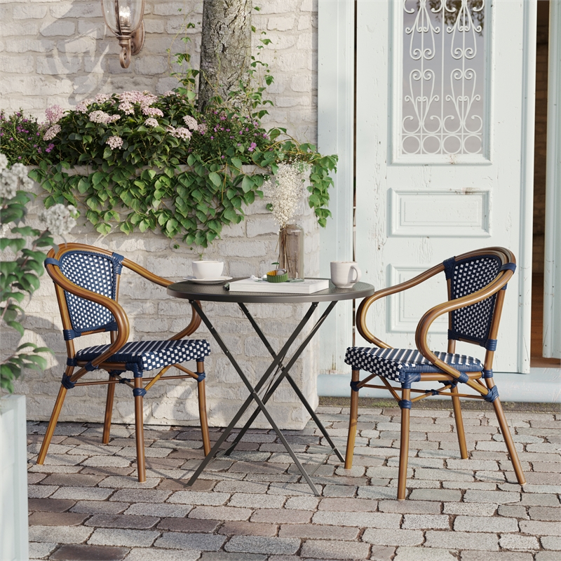 2 PK All-Weather Commercial Paris Chairs with Bamboo Print Metal Frames-Navy/Wht