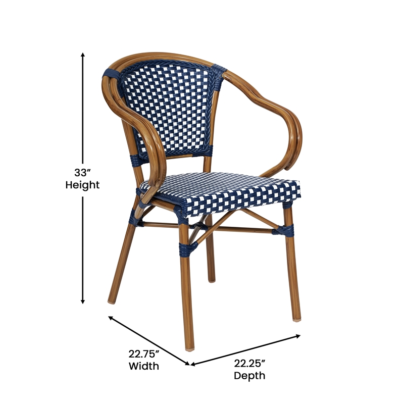 2 PK All-Weather Commercial Paris Chairs with Bamboo Print Metal Frames-Navy/Wht
