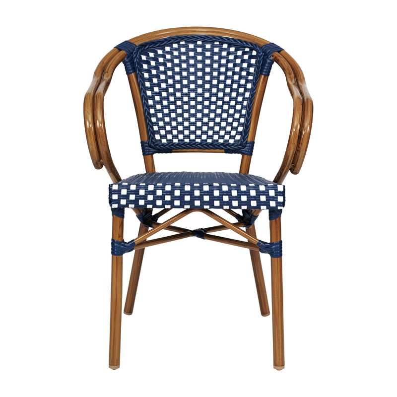2 PK All-Weather Commercial Paris Chairs with Bamboo Print Metal Frames-Navy/Wht