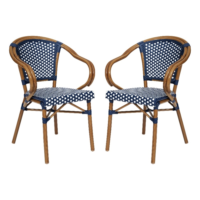 2 PK All-Weather Commercial Paris Chairs with Bamboo Print Metal Frames-Navy/Wht