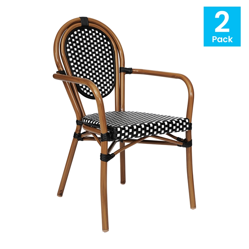 2 PK All-Weather Commercial Paris Chairs with Arms with Metal Frame-Blk/Wht