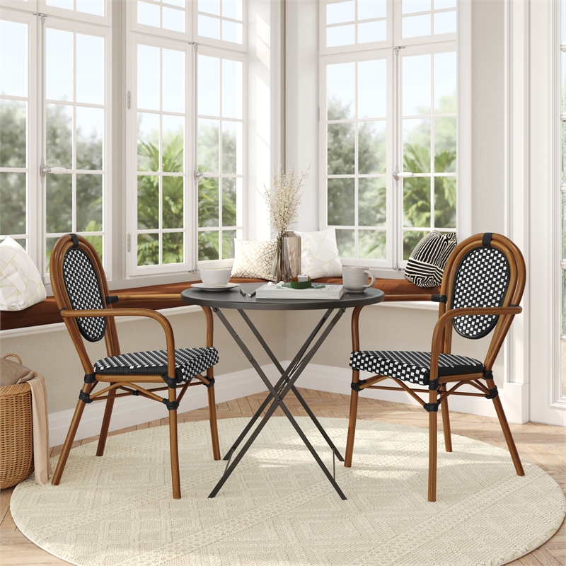 2 PK All-Weather Commercial Paris Chairs with Arms with Metal Frame-Blk/Wht