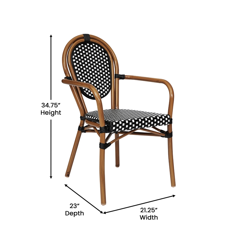 2 PK All-Weather Commercial Paris Chairs with Arms with Metal Frame-Blk/Wht