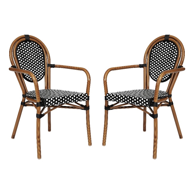 2 PK All-Weather Commercial Paris Chairs with Arms with Metal Frame-Blk/Wht
