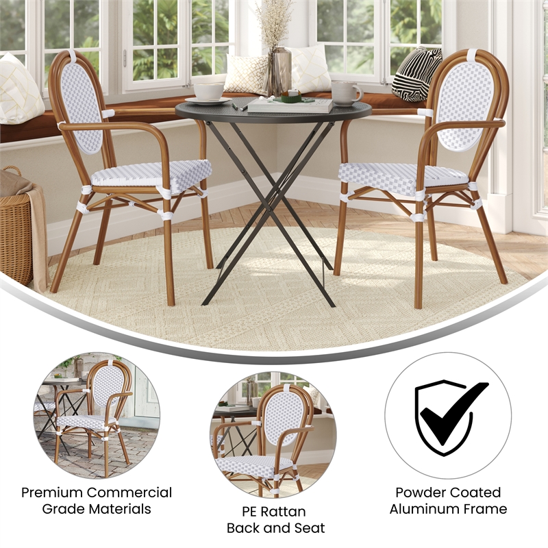 2 PK All-Weather Commercial Paris Chairs with Bamboo Print Metal Frame-Wht/Gray