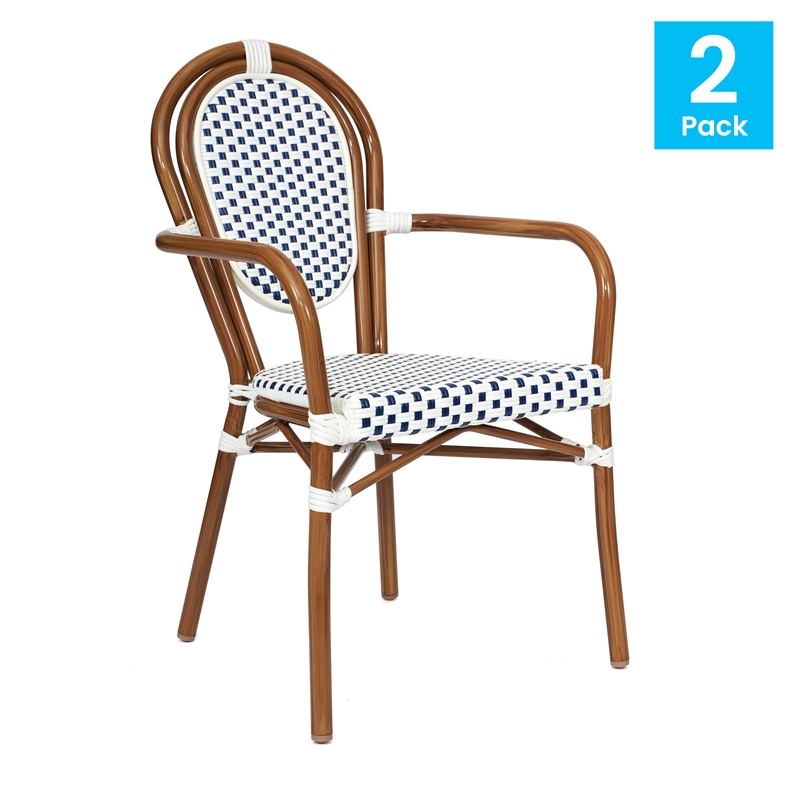 2 PK All-Weather Commercial Paris Chairs with Bamboo Print Metal Frame-Wht/Navy