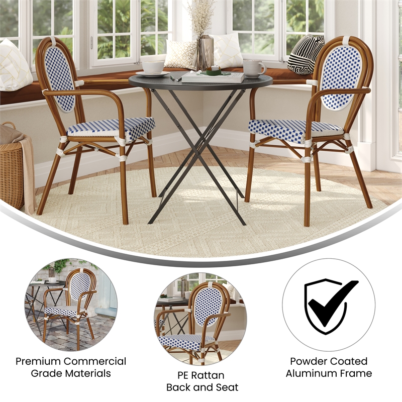 2 PK All-Weather Commercial Paris Chairs with Bamboo Print Metal Frame-Wht/Navy