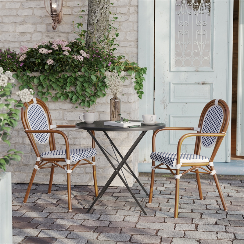 2 PK All-Weather Commercial Paris Chairs with Bamboo Print Metal Frame-Wht/Navy