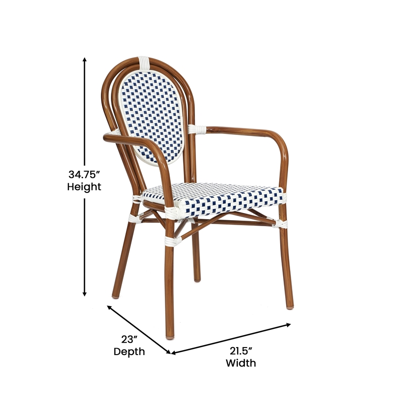 2 PK All-Weather Commercial Paris Chairs with Bamboo Print Metal Frame-Wht/Navy