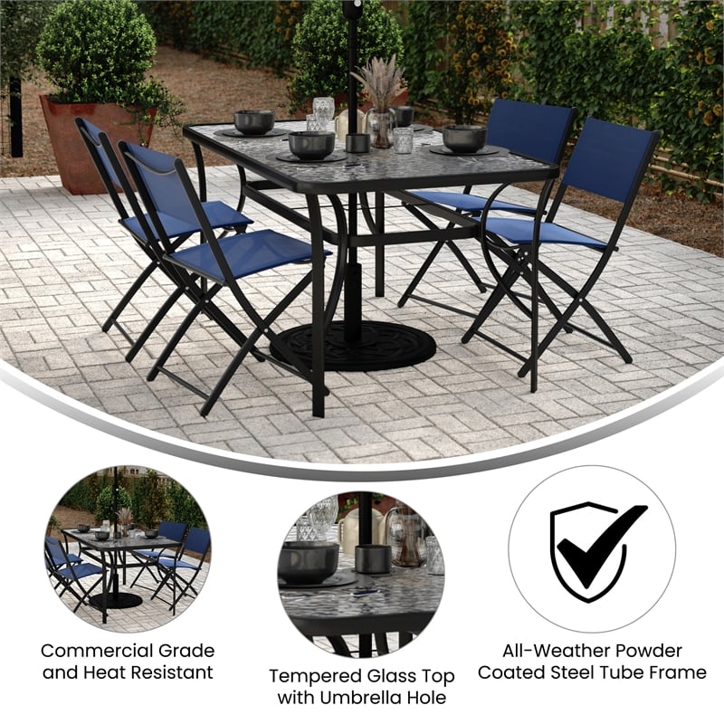 Commercial 35x59 Tempered Glass and Steel Patio Table with Umbrella Hole-Black