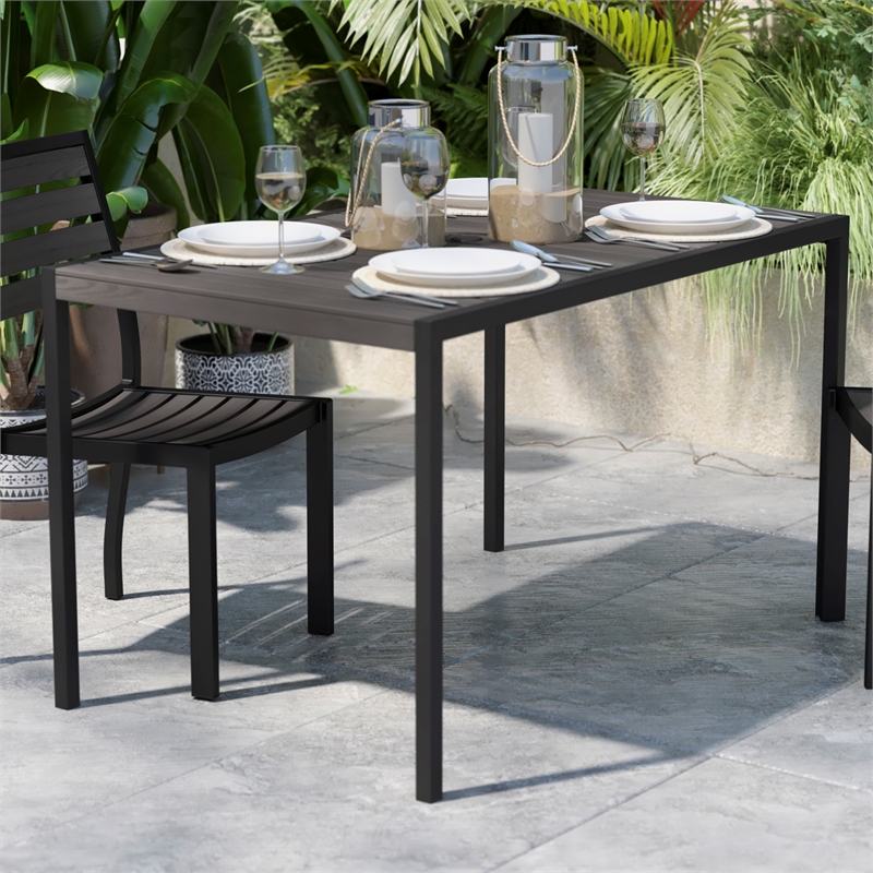Steel All-Weather Patio Dining Table with Gray Wash Faux Teak Slat Top-Seats 4