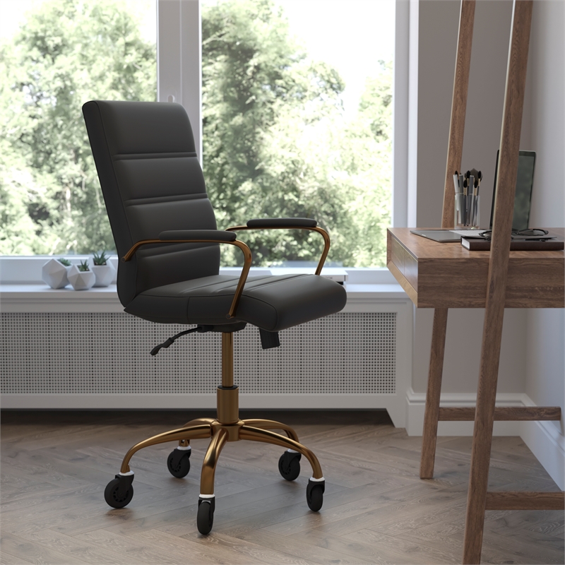 Executive Chair with Gold Frame & Arms on Skate Wheels - Black LeatherSoft