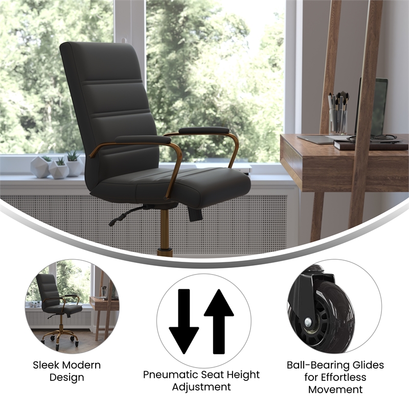 Executive Chair with Gold Frame & Arms on Skate Wheels - Black LeatherSoft