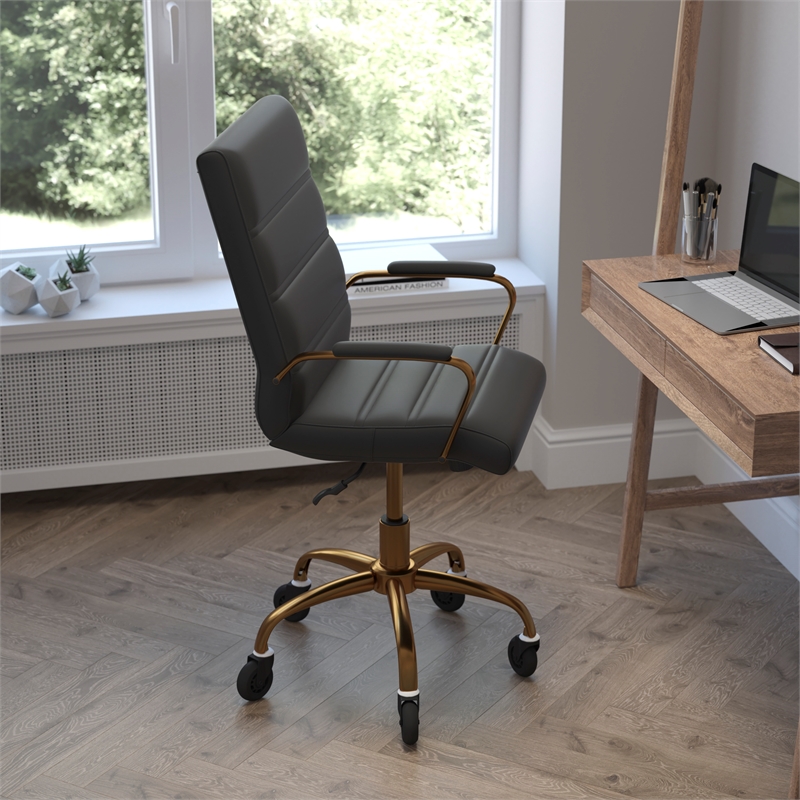 Executive Chair with Gold Frame & Arms on Skate Wheels - Black LeatherSoft